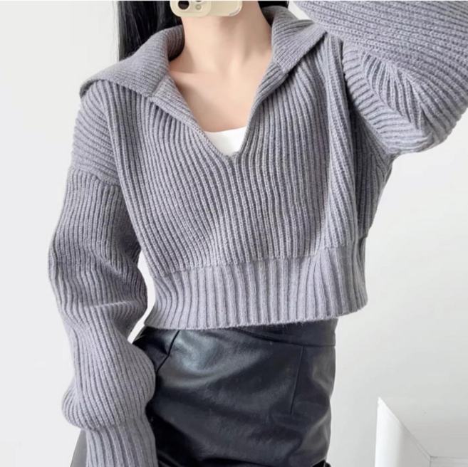 이리즈미아 여성 브이넥 카라 골지 니트 크롭탑 숏니트 롱슬리브 크롭티 간절기 이너