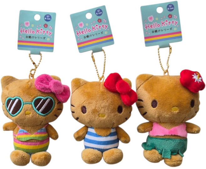 [한정수량] 정품 산리오 태닝 키티 인형 키링 썸머 에디션 가방고리 3종, 1개, 줄무늬수영복
