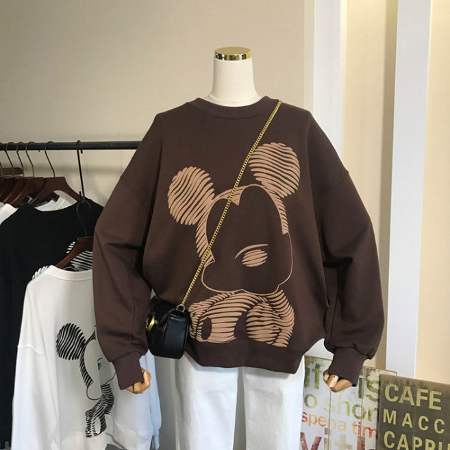 2023년 가을 라인 미키 프린트 긴팔 스웨트셔츠 여성 루즈핏 캐주얼 대형 라운드넥 만화 여성 상의