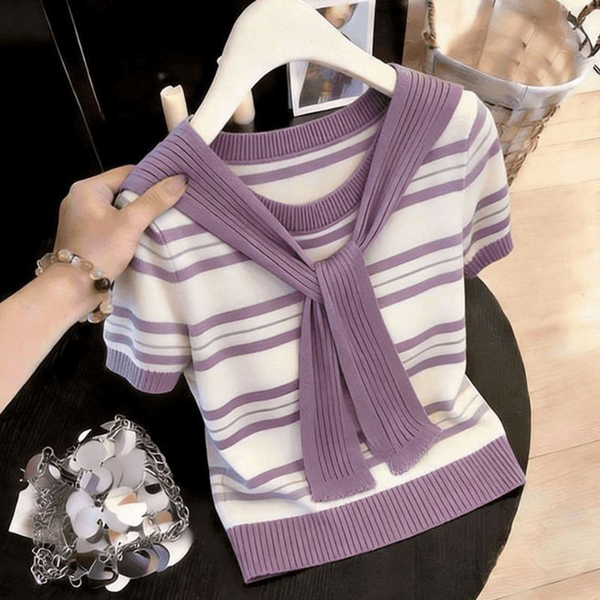 해피유통 여성 여름 스트라이프 반팔 티셔츠 레이스 칼라 리본 디자인 캐주얼 상의