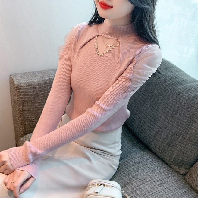 가을 겨울 디자인 감각 반폴라 펀칭 망사 패치 부드러운 모직 니트 여