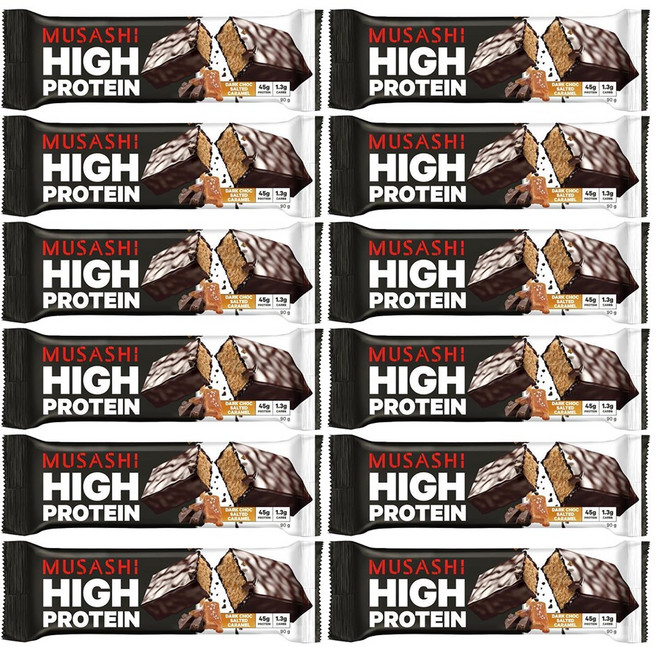 Musashi High Protein Bar Chocolate Brownie 무사시 하이 프로틴 바 다크 초코 솔트 카라멜 90g 12팩