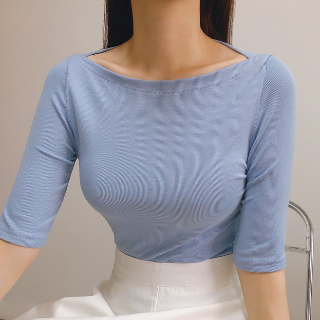 보트넥 반팔티셔츠 슬림핏 면스판 골지 입술넥 6color