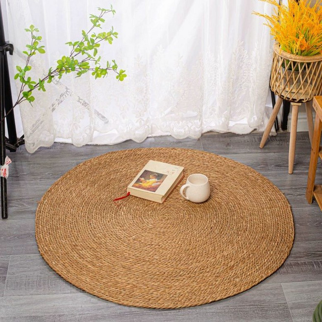 JIBAIHUO 라탄 러그 원형 황마 거실 카페 멍석 밀짚 픽홈 대형, 원색 풀짚