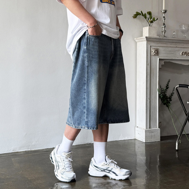 웨일즈 옆 사이드 핀턱 버뮤다 벌룬 와이드 팬츠 데님 청 반바지 (3 Color) 빅 사이즈 까지