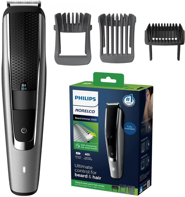 Philips Norelco 수염 트리머 및 헤어 클리퍼 시리즈 5500 40가지 조절 가능한 길이 설정으로 손쉬운 정밀성 피부 친화적인 블레이드 완전 세척 가능한 디자인, Philips Norelco 수염 트리머 및 헤어 클리