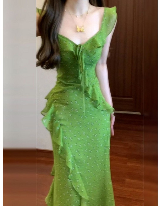 COSYEVNO 여성 여름 민소매 프릴 롱 원피스 앞리본 BCXlyq-3