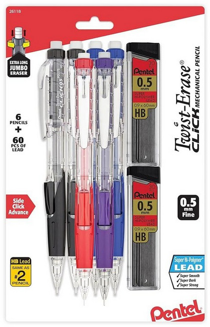 펜텔 Pentel Twist-Erase Click 샤프 (0.5mm) 펜슬 6개 팩 심 리필 2팩 포함 (PD275TLBPS6M) 202156 5588704152, 리드 크기 0.5mm