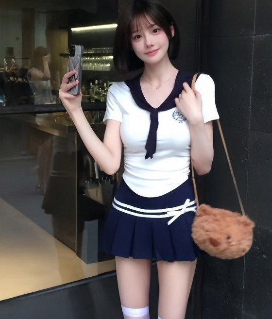 마린 세일러 반팔 탑 티셔츠 플리츠 미니 스커트 교복 코스프레 투피스세트