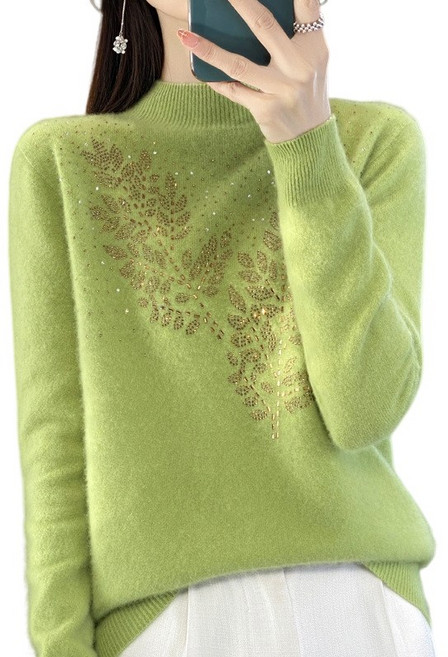 여성용 다이아몬드로 장식된 반폴라 니트 부드러운 베이직 티셔츠 NJR382