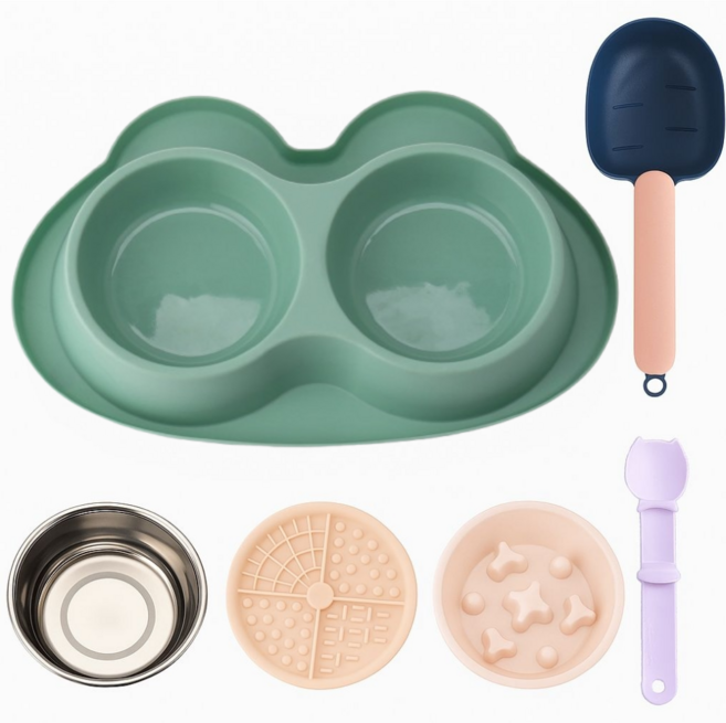 프라홈 반려동물 급체방지 올인원 2in3 스텐 강아지 밥그릇 간식 스푼, 1개, 그린