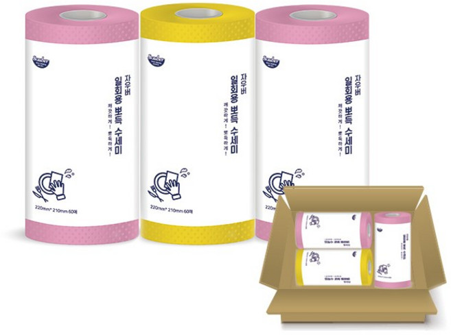 자우버 두꺼운 일회용 뽀득 수세미 롤형 60매 X 3개입, 노랑+핑크+랜덤