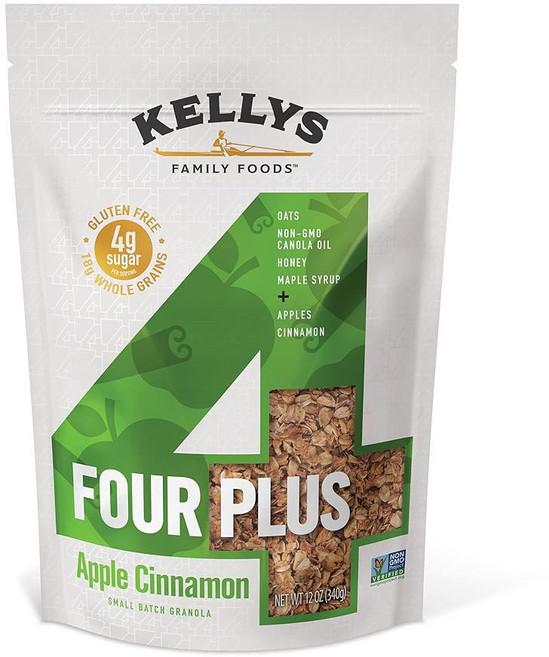 켈리의 포 플러스 그래놀라(허니 메이플) 통곡물 귀리 꿀 메이플 시럽이 함유된 건강한 그래놀라 시리얼 - 비-GMO 저설탕 나트륨 프리 요거트용 글루텐 프리 그래놀라 -, Apple Cinnamon, 12 Ounce (Pack of 4)