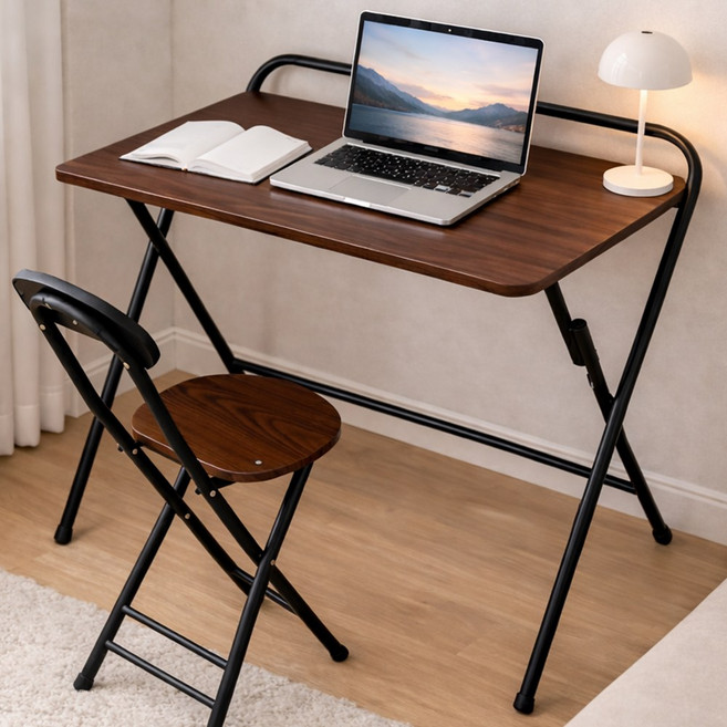 소프트엣지 1인용 접이식 책상의자세트, 월넛+블랙 프레임