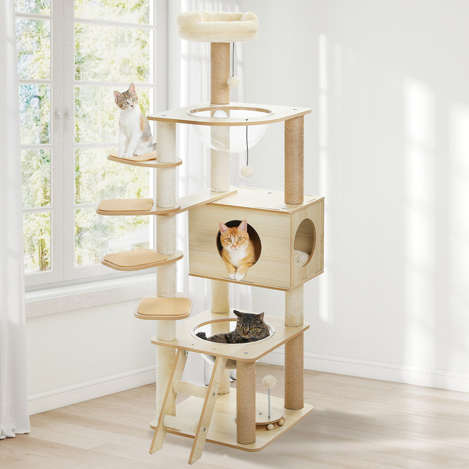 PAWZ Road 6단 중대형 다기능 우드 캣타워 150cm 발판+아크릴 해먹+스크래쳐 기둥+원목 트랙볼, 1개, 베이지