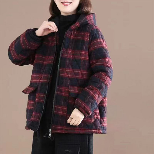 TKX 누빔 자켓 여성 체크무늬 후드 겨울 캐주얼 엄마옷 포근한 외출 생신선물