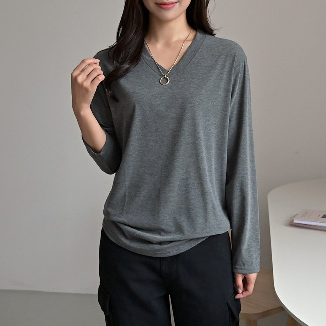 데일리앤 아이콘 데일리 기본템 무지 브이넥 여성 봄 가을 티셔츠 2size