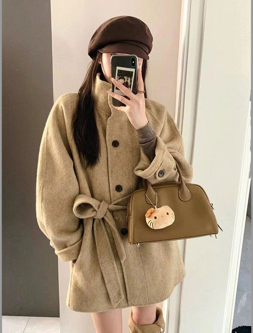 AOKADA 여성 스텐드 카라 오버핏 모직 트렌치 하프 코트