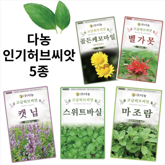주주씨앗 다농 허브씨앗 5종 택1 / 스위트바질 타임 캣닙 마조람 골든캐모마일 /카모마일 바실 베르가못 캣잎 종자 씨 모나르다 허브종자, 1개