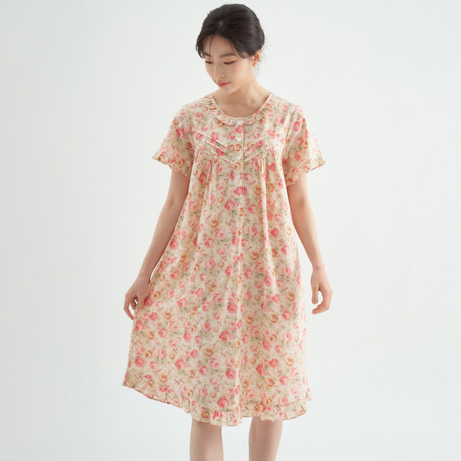 메이플라워 로열장미 반팔 순면 여성 빅사이즈 잠옷 홈웨어 원피스 잠옷