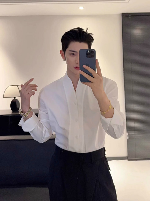 【痞帥免燙】V領襯衫 韓版襯衫 休閒襯衫 長袖襯衫 立領襯衫 修身版型 無領設計 潮流百搭 夏季透氣 痞帥男友風