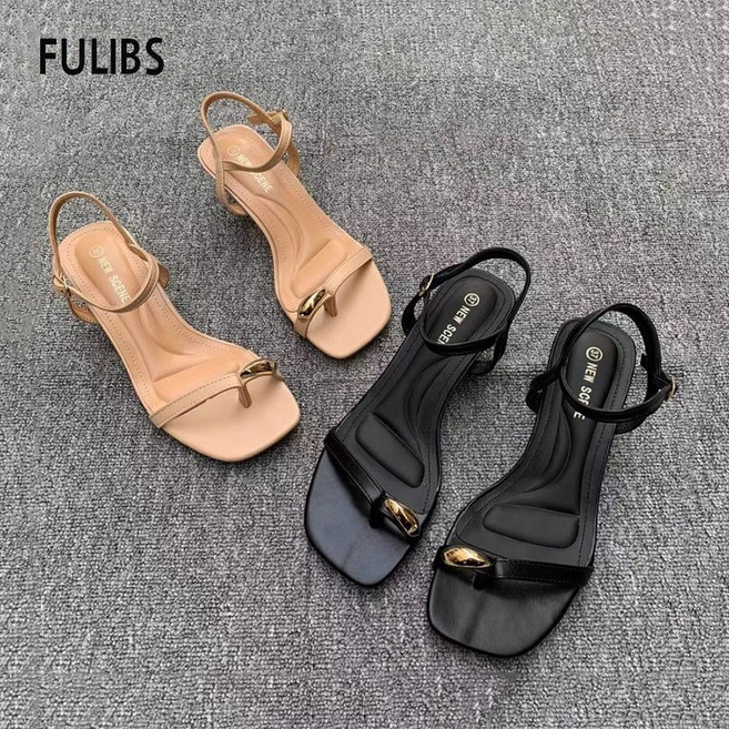FULIBS 엄지 골드링 일자 스트랩 여성 쪼리 샌들 힐 5cm 빅사이즈 힐 샌들 255-230