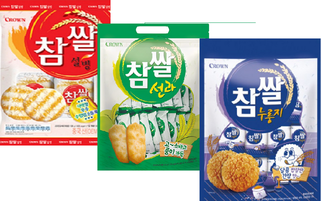 크라운제과 쌀과자 3종 (참쌀설병 참쌀선과 참쌀누룽지), 270g, 1