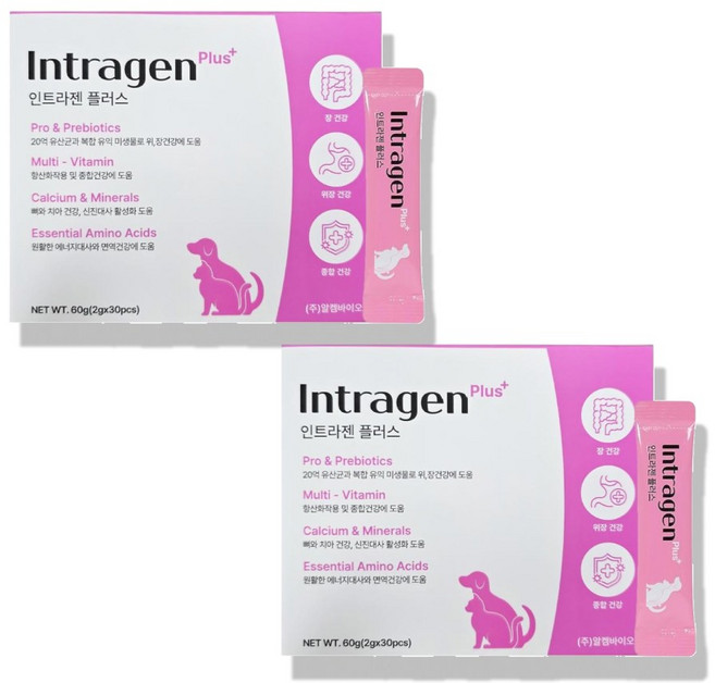 [26년 4월 최신 제조] 인트라젠 플러스 강아지 유산균 종합영양제 반려동물 영양제, 2g, 장건강/유산균, 60개