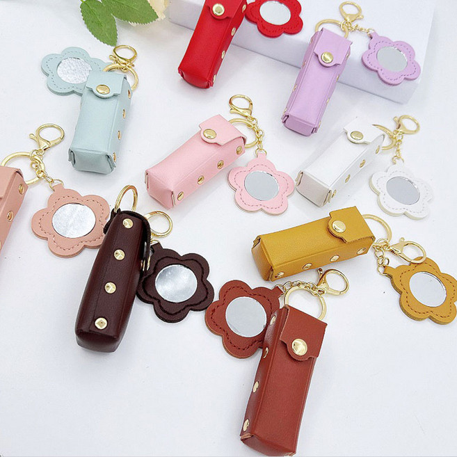 휴대용 가죽 미니거울 케이스 립스틱 립밤 틴트 홀더 파우치 키링, i254(퍼플)