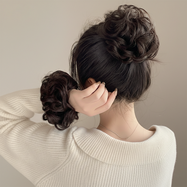 SEVOREN 올림머리 볼륨 웨이브 고무줄형 똥머리 가발 부분가발, 1개, 내추럴 블랙