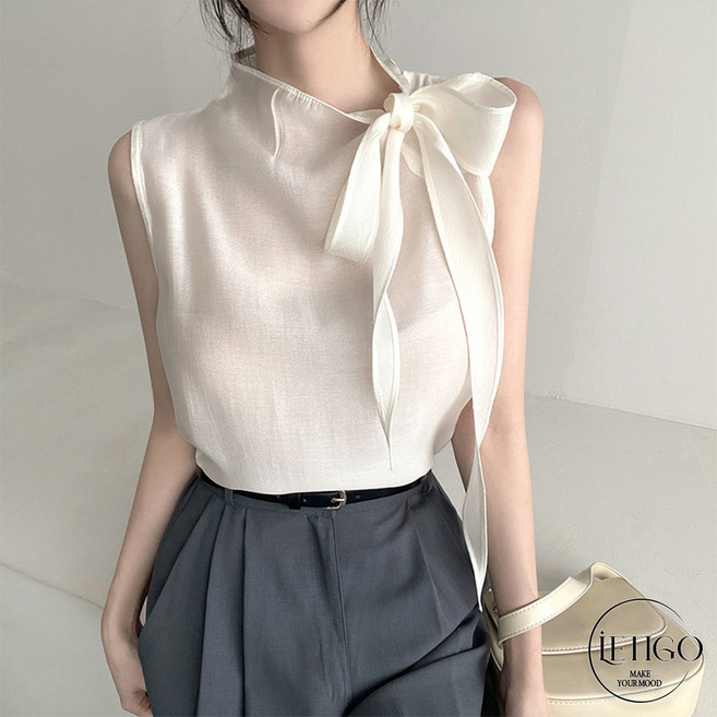 레티고 실키 봄 여름 하객룩 리본 타이 쉬폰 민소매 블라우스