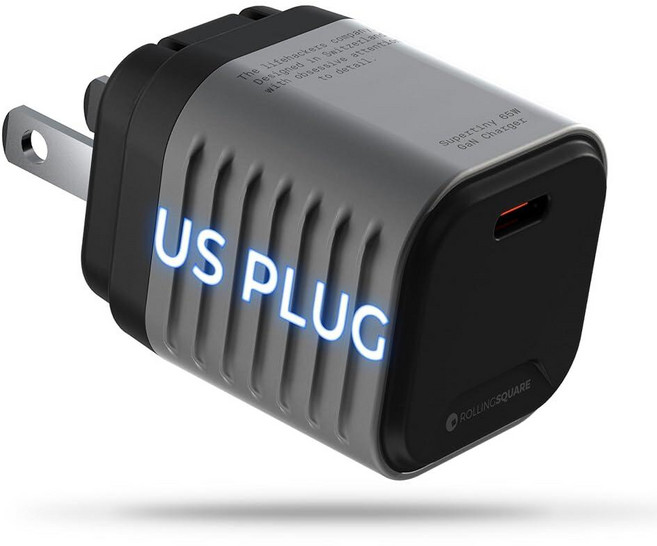 Rolling Square Supertiny - 65W USB-C GaN 벽 충전기 접이식 미국 플러그가 있는 고속 충전 어댑터 휴대폰 태블릿 노트북 및 USB-C 장치