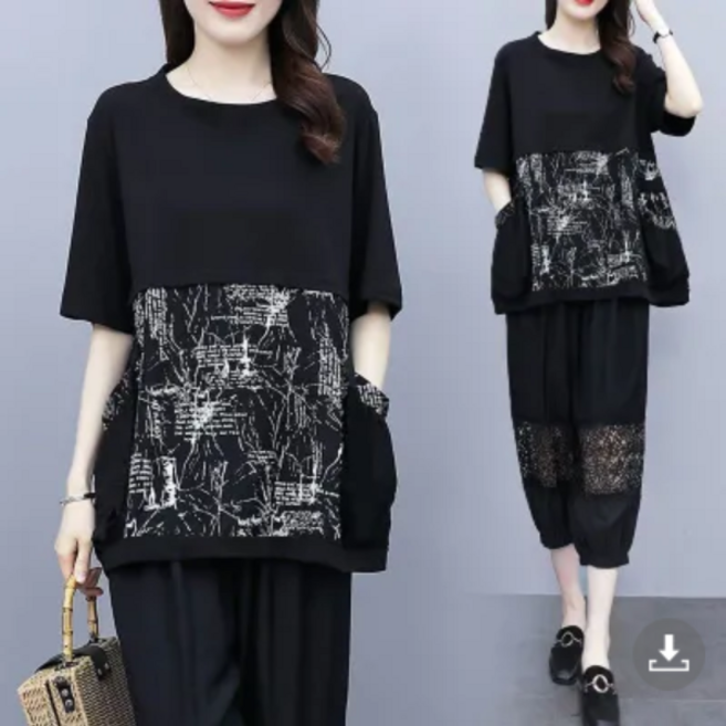 루루뷰티패션 중년여성 빅사이즈 여름 엄마 포켓티셔츠 혀리밴딩 린넨 7부바지 세트룩 KJK-3619