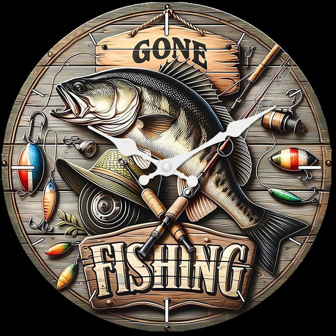 낚시 장비 패턴 나무 벽시계 거실 침실 주방 홈 장식 자동 석영 시계 휴일 선물 제외, 1개, 1. Mdf293 / C. 16 Inches
