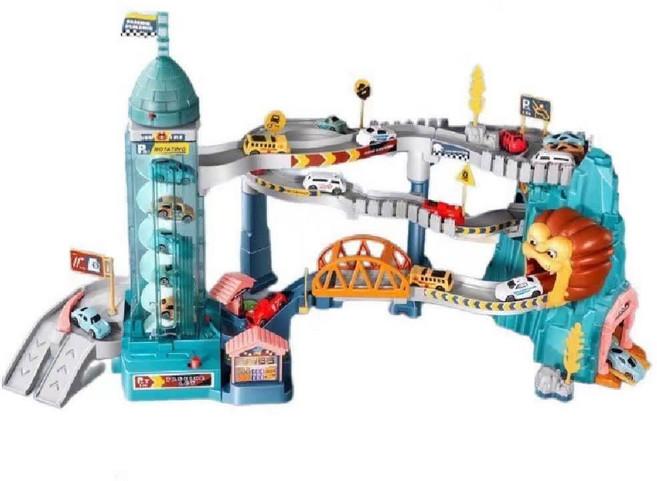 立體軌道停車場玩具 獅子造型隧道 電動升降梯 交通標誌場景地圖, 綠色, 1套