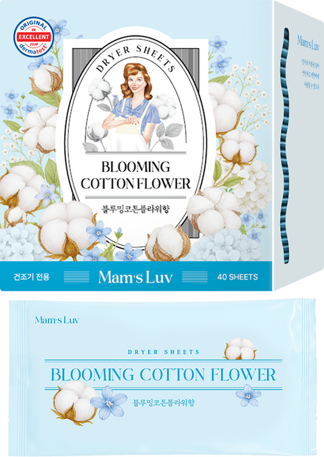맘스럽 독일더마 퍼퓸 드라이시트 블루밍코튼 플라워 / 건조기용 낱개포장 섬유유연제 섬유유연시트 건조기시트, 1개, 40매입