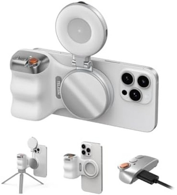 TELESIN 펀 샷 마그네틱 휴대폰 카메라 그립 + C03 셀카 라이트실버 번들 키트 Magsafe 및 Android와 호환 셀카사진틱톡줌 통화비디오 제작, Fun Shot Grip Kit