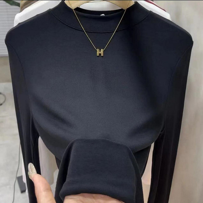 봄 가을 얇은 긴팔 티셔츠 여성 순면 터틀넥 통근 상의 패션 큰 사이즈 순색 슬림 스판 티셔츠 0810PL04