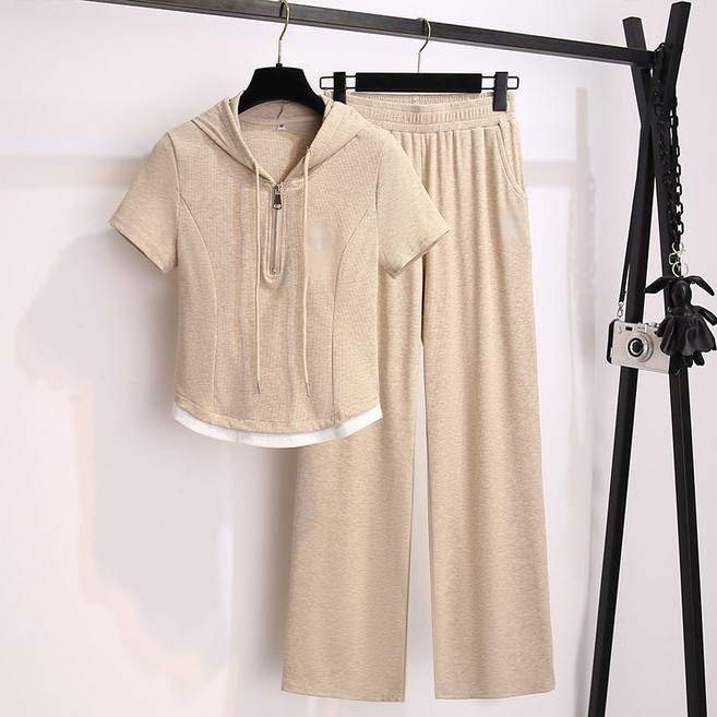 여성 여름 투인원 레이어드 반팔 후드티 밴딩 와이드 팬츠 트레이닝 상하의 세트