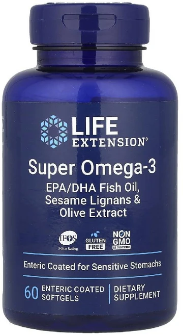 라이프 익스텐션 슈퍼 오메가3 EPA/DHA 피쉬오일 참깨 리그난 & 올리브 추출물 소프트젤, 60정, 1개 - 쿠팡