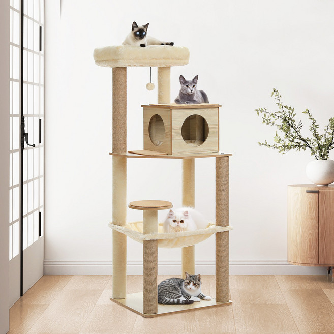 PAWZ Road 5단 튼튼한 우드 캣타워 143cm 전망대+해먹+스크래쳐 기둥, 1개, 베이지