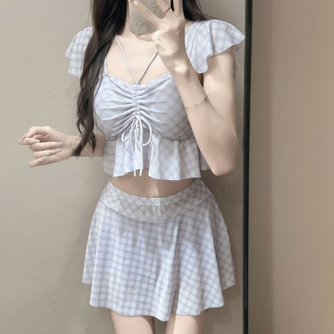 韓版顯瘦分體泳衣女 甜辣純欲 少女性感學生 甜美溫游泳裝, 紫色,S