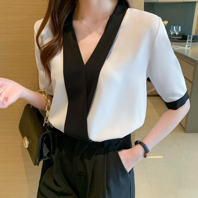 Qurora V領襯衫 女夏短袖設計感小眾黑白撞色氣質OL職業襯衣 雪紡上衣