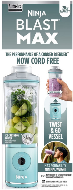 닌자 블라스트 맥스 휴대용 블렌더+트위스트 앤 고 무선 590ml 용기 셰이크 및 스무디용 BC200 (미국정품), 컬러 : Mint