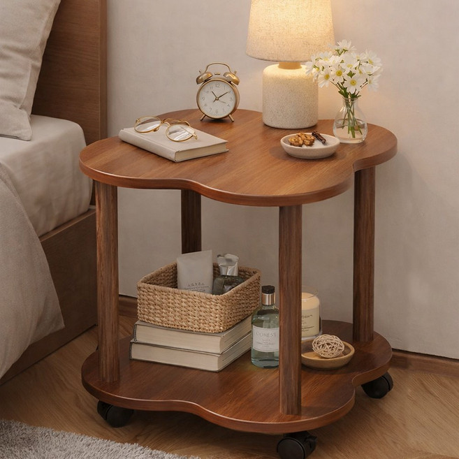 우드 모던 스타일 클로버 2단 사이드테이블, 브라운