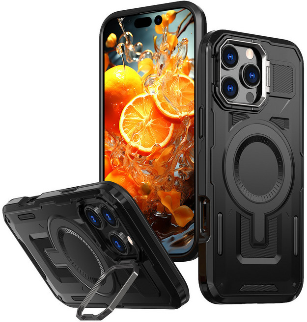 九圓 科技 軍規鎧甲防摔手機殼 隱形支架 磁吸, 黑色,iPhone13/14, 1個