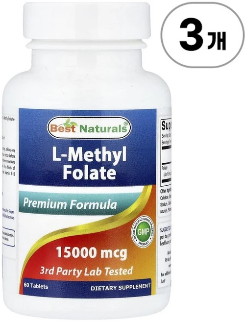 베스트 네추럴스 L-메틸 폴레이트(활성엽산) 25 000mcg Best Naturals L-Methyl Folate 25 000 mcg 60정, 3개 - 쿠팡