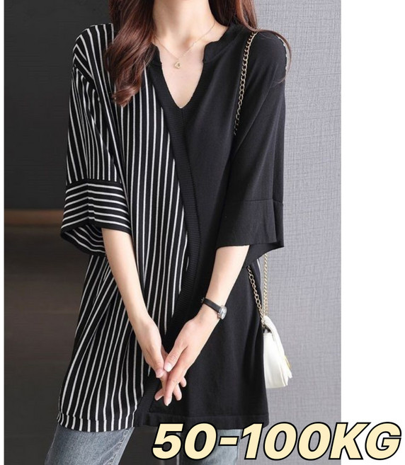 UNIQUEZON 중년여성 오버핏 브이넥 반팔 티셔츠 여름 스트라이프 배색 롱티 엄마옷 빅사이즈 40대50대60대