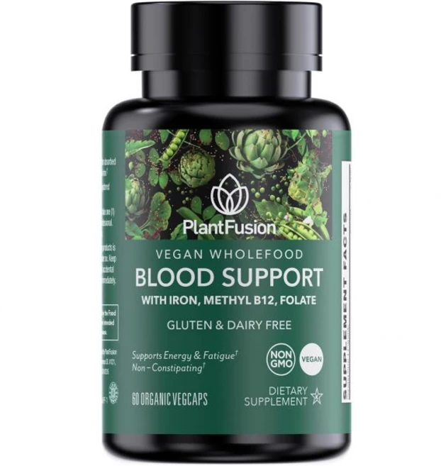 플랜트퓨전 비건 아이언 여성 남성 부드러운 식물성 비타민 C 메틸 B12 엽산 포함 유발 없 전체식품 알약, Iron Blood Support, 60정, 1개 - 쿠팡