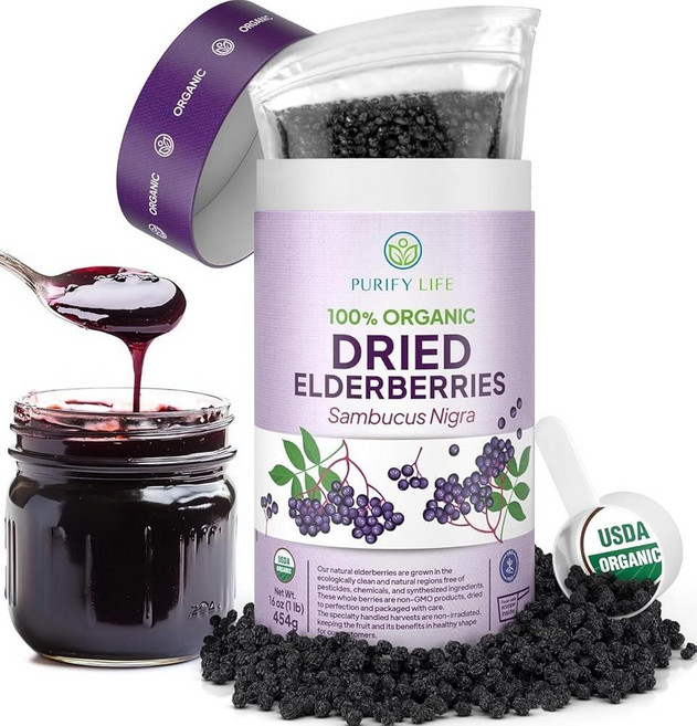 USDA 유기농 건조 엘더베리 0.5kg(1파운드) 벌크 (가장 안전한 포장 재밀봉 가능한 백 BPA 프리 스쿱) 천연 비조사 생 블랙 엘더베리 면역 지원 삼부쿠스, USDA 유기농 건조 엘더베리 0.5kg(1파운드) 벌, 1개